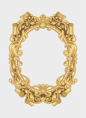 Antique oval frame painted in gold color simulating a photo frame