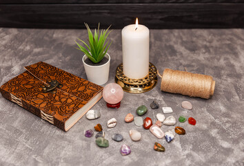 Crystal ball surrounded by healing crystals. Minerals crystals and semi precious stones. Cosmic healing crystals. Row of chakra crystals. Sacred healing crystal stone ceremony. Meditation mandala.