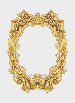 Antique oval frame painted in gold color simulating a photo frame