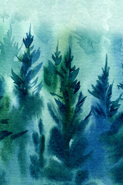 Blue forest landscape, watercolor illustration. © Hanna