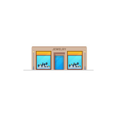 Fototapeta premium Jewelry shop or store with diamond and gold jewellery in display window, vector isolated icon. Jewelry store with silver necklaces and luxury bracelets, fashion boutique building with showcase