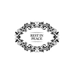 Rest in peace in oval floral frame isolated monochrome icon. Vector ornamental flowers and lettering on tombstone or gravestone, rip sorrowful inscription. Mourning message condolence card