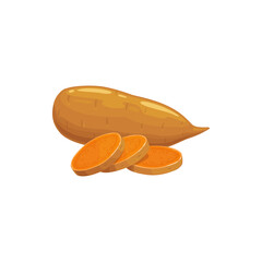 Sweet potatoes whole and cut isolated vegetable food. Vector superfood, unpeeled large bulbous, brown old or new raw potato. Farming and agriculture product, vegetable root, nutrition food ingredient