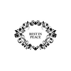 Rest in peace floral funeral frame with rip lettering isolated monochrome message. Vector death calligraphy on tombstone or gravestone, memory card to deceased or dead. Flowers ornamental frame, rip