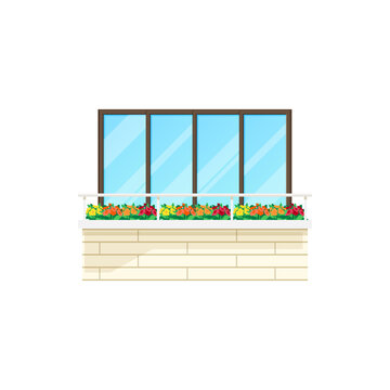 Balcony House Window, Building Facade Architecture, Vector Flat Icon. Apartments Balcony With Brick Fence, Glass Windows And Flowers On Railings, Modern Building Balcony Barrister, Isolated