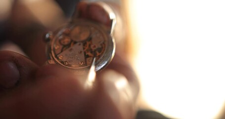 mechanism of old watch closeup. Vintage classic watch mechanism, A pair of mechanical watch, Wristwatches movements close up.