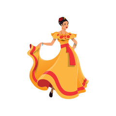 Mexican woman in long traditional dress isolated. Vector dancer lady in tabasco dress, decorated with roses and red belt, flowers in head. Cartoon character in national dress, dancing latino girl