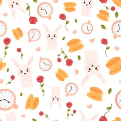 Foto op Canvas Cute little bunny seamless pattern with clocks and red roses, womderlamd ornament on white background © Lozovytska