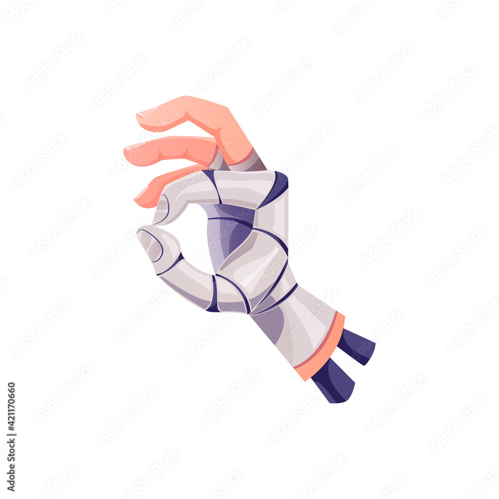 Poster cyborg hand or robot arm with ok gesture, vector artificial intelligence. robot hand with okay finge