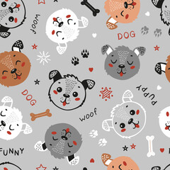Vector Cute Dogs Seamless Pattern. Childish Background with Funny Puppy Heads. Baby Animals Drawing for Tee Print for Kids