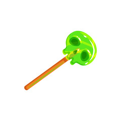 Candy in shape of skull isolated Halloween treat realistic icon. Vector sweet dessert, lollipop with death sign, skeleton head confectionery. Caramel on stick, popsicle, Cinco de mayo lolly sucker