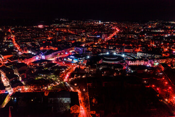 Night streets of Ivano-Frankivsk, Ivano-Frankivsk in night lights top view, modern and beautiful city.