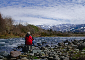 Fototapeta premium tourist near the mountains