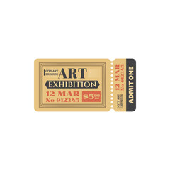 Retro ticket to city museum to gallery exhibition isolated coupon card. Vector admit one public display of art works, admission to visit exhibition, voucher with date and price, paintings trade fair