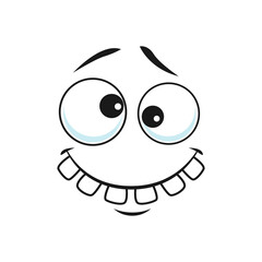 Cartoon face vector icon, funny toothy emoji with crazy smile, slanting eyes and raised eyebrows. Positive facial expression, good feelings isolated on white background