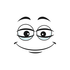 Cartoon face vector icon, funny emoji with smile and kind eyes. Satisfied, calm or relaxed facial expression, positive feelings isolated on white background