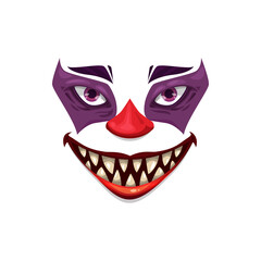 Scary clown face vector icon, Halloween creepy smile funster character. Emoticon mask with makeup, red nose, angry eyes and sharp teeth, isolated horror creature emoji