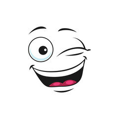 Emoticon with mouth open of laugh and blinked eyes isolated icon. Vector happy smiling emoji, giggling emoticon in good mood. Satisfied avatar expression, comic man head, blinked eyes, funny joke sign