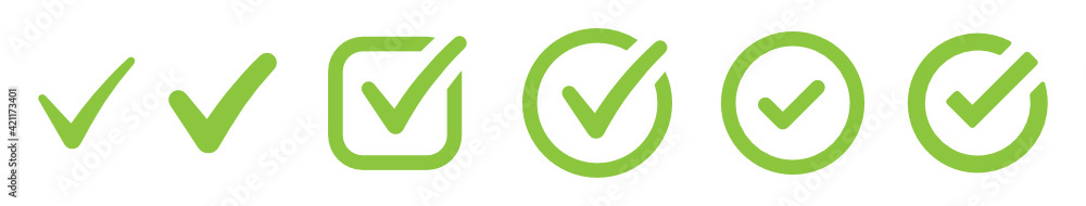 Poster green collection of check mark. tick vector icon, accept the right choice. approval checkmark, good 