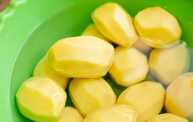 Peeled washed potatoes in a ish.