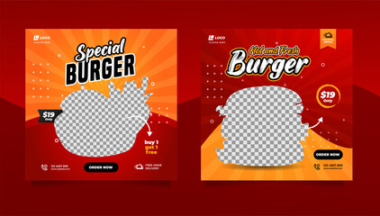 Food social media post and promotion banner design template. Burger banner design template.