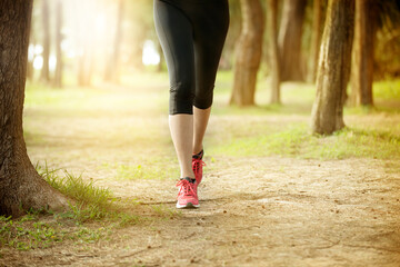 young woman legs jogging in the morning forest park wearing pink sneaker women and running leggings.