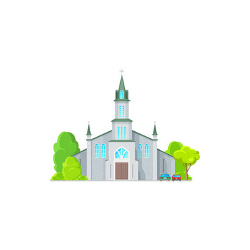 Christian church isolated catholic chapel cartoon icon. Vector exterior facade with trees and vehicle, cathedral or monastery evangelic or orthodox building, holly place for funeral wedding ceremonies