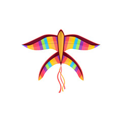 Kite in shape of rainbow color bird in sky isolated kids toy. Vector kite-balloon on wind, cartoon flying bird in sky. Outdoor summer activity object, Uttarayan International Kites Festival symbol