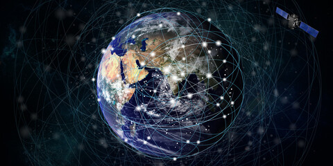 Internet satellites orbit the Earth Satellite technology communication concept 3D illustration © nana