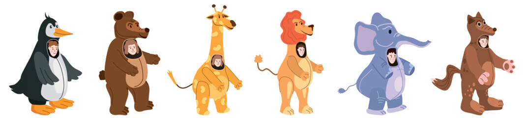 Set Actors in animal Penguin, Bear, Giraffe, Lion, Elephant, Wolf costume. Theme party, Birthday kid, children animator, entertainer wearing performer character for holiday masquerade, carnival