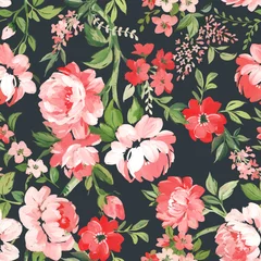 Tuinposter Beautiful seamless pattern with hand drawn watercolor summer pink gentle flowers. Stock floral illustration. © zenina