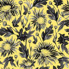 Naklejka na ściany i meble Watercolor seamless pattern with hand drawn gray silhouettes of Chrysanthemum flowers, buds, stems on Yellow Illuminating. Floral design with trendy colors the year for textile, wallpaper, bedding.