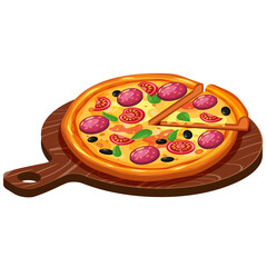 Pizza isometric with ingredients tomato, salami, cheese, mushrooms on woodern serving tray. Vector illustration