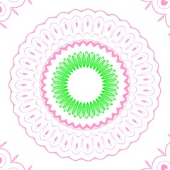Abstract kaleidoscope background. Mandala design in pink green color isolated on beautiful white background. Unique kaleidoscope design.