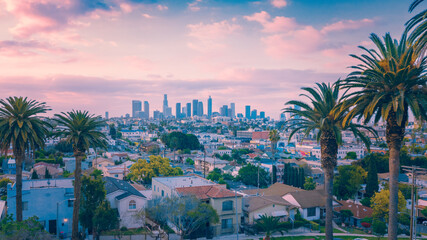 Beautiful sunset of Los Angeles downtown skyline and palm trees