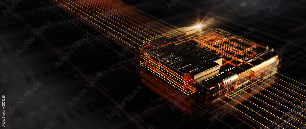 Poster Printed circuit board futuristic server. Circuit board futuristic server code processing. Orange, black  technology background with bokeh. 3D Rendering