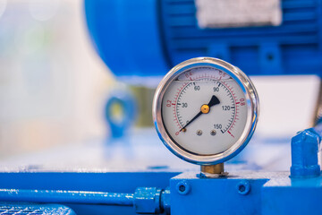 Glycerin pressure gauge for measuring fluid condition at plant, facory - close up. Industrial,...