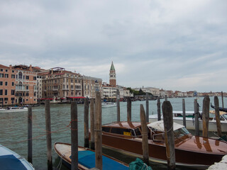 VENICE, ITALY - CIRCA MAY,  2016: Grand Canal and historic tenements,view of beautiful architecture and life in boat of  Venice, Italy