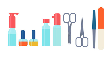 Manicure tools collection: nail polish remover, scissors, nailfiles, lacquer, sanitizer