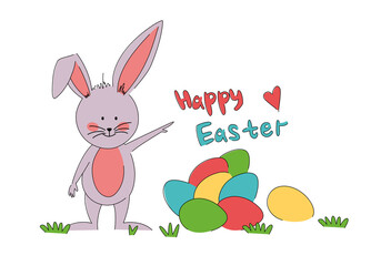 Happy Easter greeting card. A rabbit with a bunch of colorful eggs is standing in a clearing.