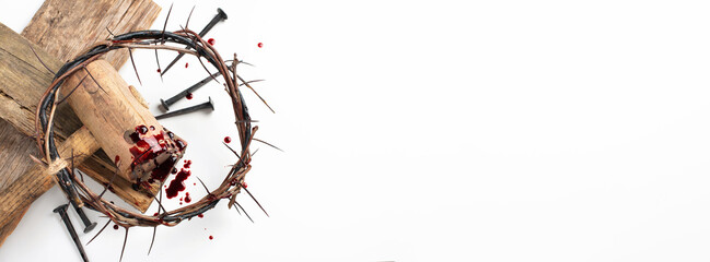 Crown of thorns and bloody nails isolated on white. Good Friday, Passion of Jesus Christ. Christian...