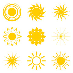 Set of bright sun symbols isolated on white background, sign of summer, warmth and relaxation