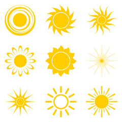 Set of bright sun symbols isolated on white background, sign of summer, warmth and relaxation