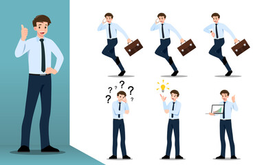 Fototapeta na wymiar Flat design concept of Businessman with different poses, working and presenting process gestures, actions and poses. Vector cartoon character design set.