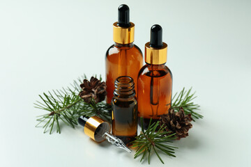 Fototapeta premium Aromatherapy concept with pine oil on white background