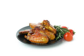 Baked chicken wings, tomatoes and rosemary isolated on white background