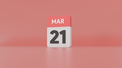 Calendar Icon 21 March . 3d illustration rendering of calendar with the date 21 March .