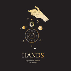 Magic hand with a clock. Space with stars and planets. Print for t-shirts.