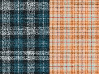 set of 2 old ragged grungy seamless checkered fabric textures dark marine blue and warm terracotta main colors for plaid, tablecloths, shirts, tartan, clothes, dresses, bedding