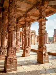 Carving pillars in Qutub Minar in New Delhi, India